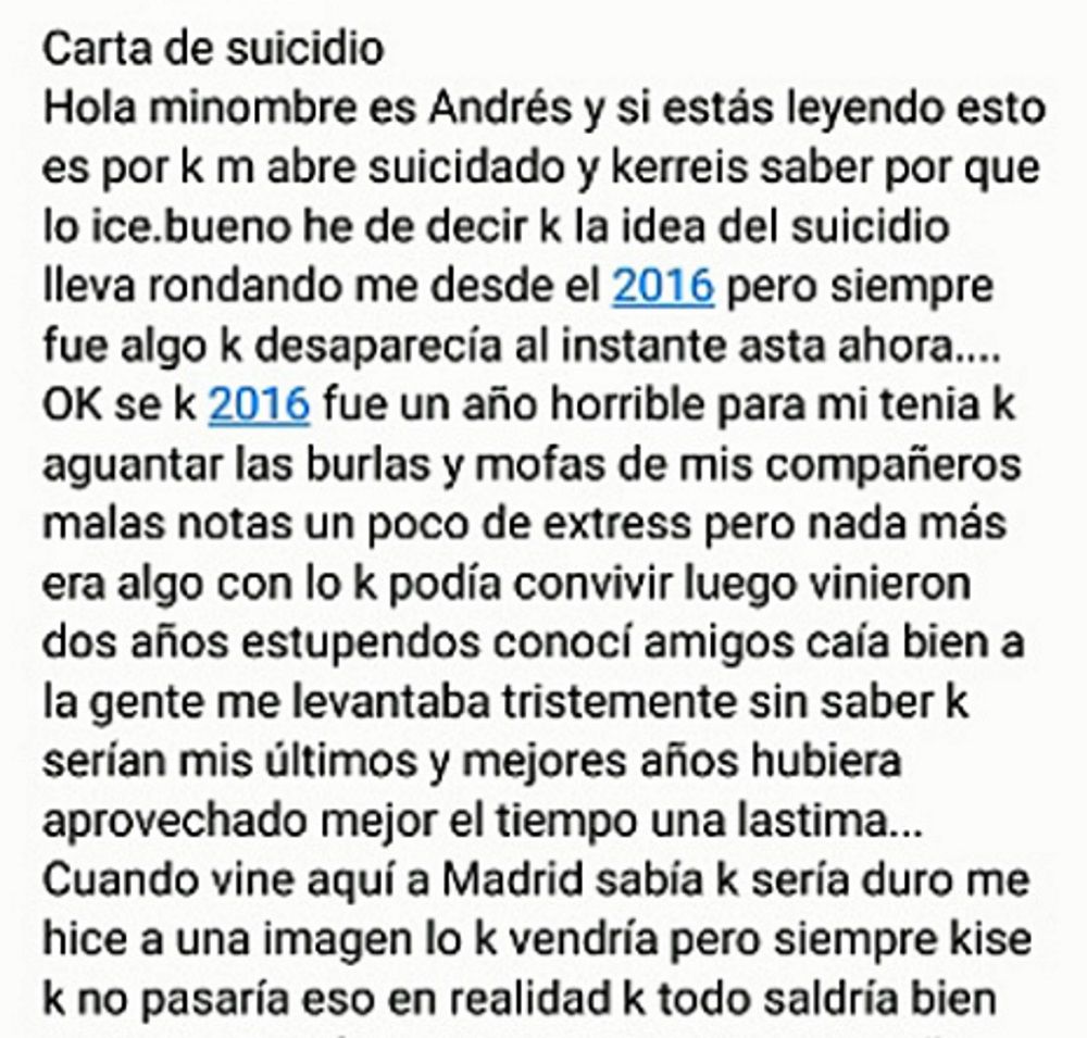 La carta de suicidio de Andrés, víctima de acoso: "Cada 