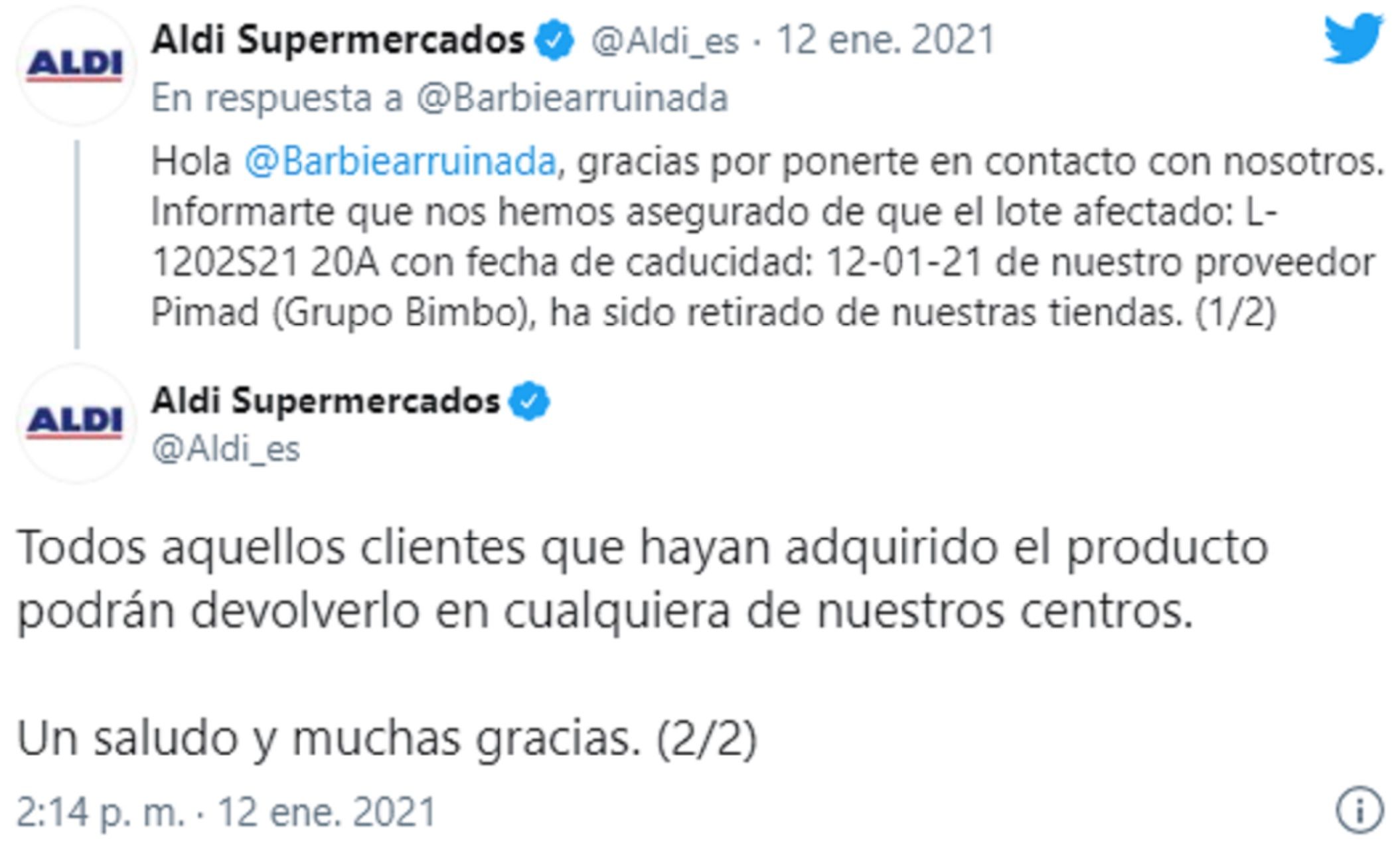 Respuesta Aldi a la alerta sanitaria de su pan de molde / Twitter Respuesta Aldi a la alerta sanitaria de su pan de molde / Twitter