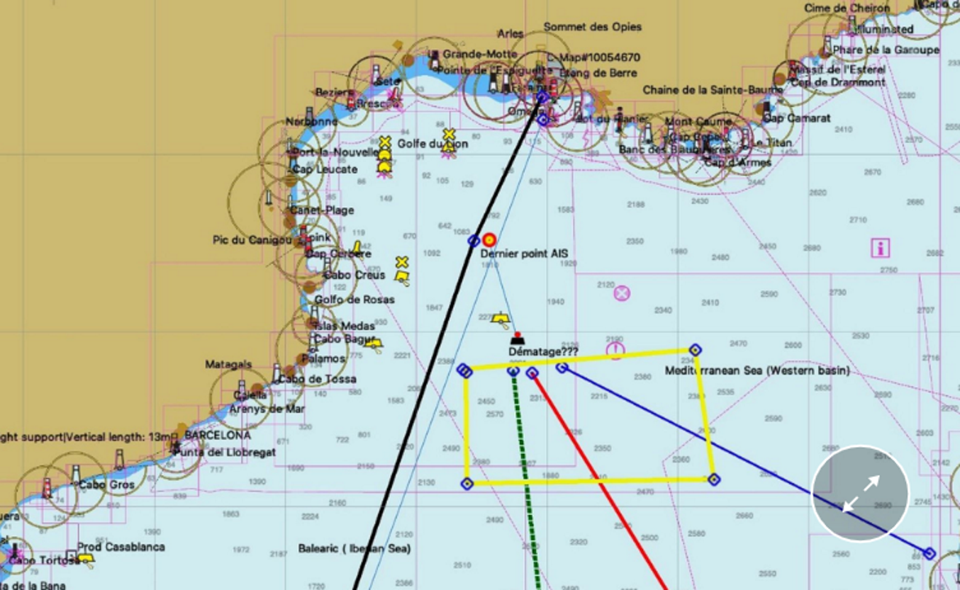 Mapa del experto Francis Courteaux con la posible zona de naufragio y los posibles rumbos a la deriva del 'Sylphe' / El País