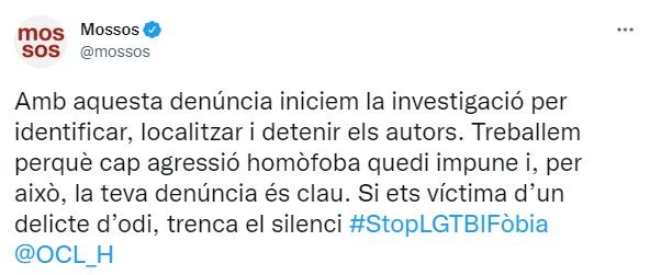 tuit mossos joven denuncia agressio homofoba fiestas santos