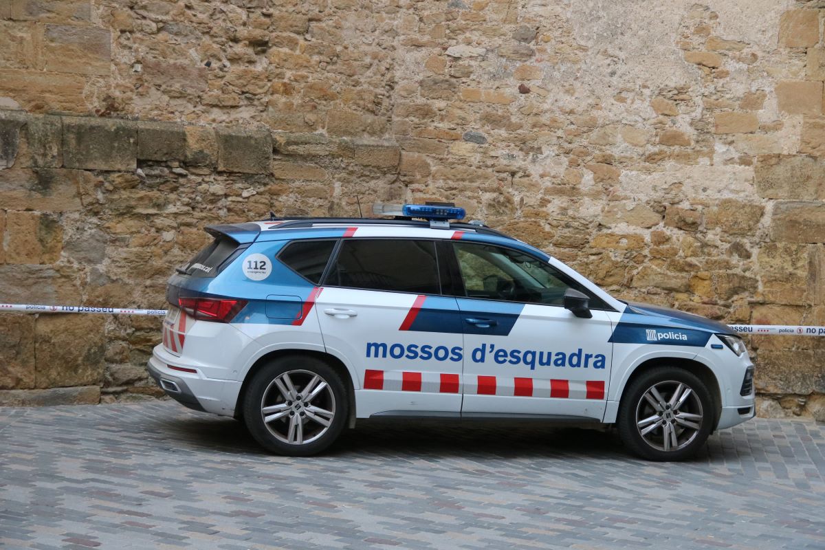 Un cotxe dels Mossos d'Esquadra tapa la paperera on han trobat el nadó mort aquest dimarts al matí, a la Bisbal d'Empordà / GERARD VILÀ - ACN