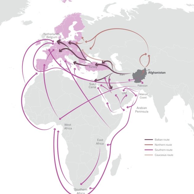 Mapa de les rutes del narcotràfic cap a Europa des d'Afganistan / UAE - OEDT