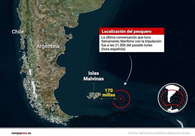 Infografia amb localització del pesquer 'Arcs Geòrgia' naufragat en les proximitats de les illes Malvines, on han mort almenys sis persones i set han desaparegut / Salvament Marítim, Europa Press