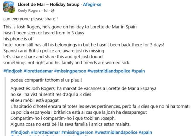 Publicación en Facebook sobre el chico desaparecido