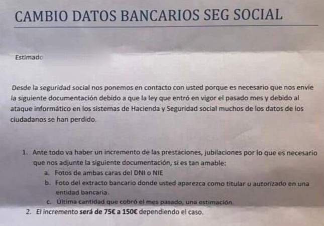 Parte de la carta falsa de la Seguridad Social
