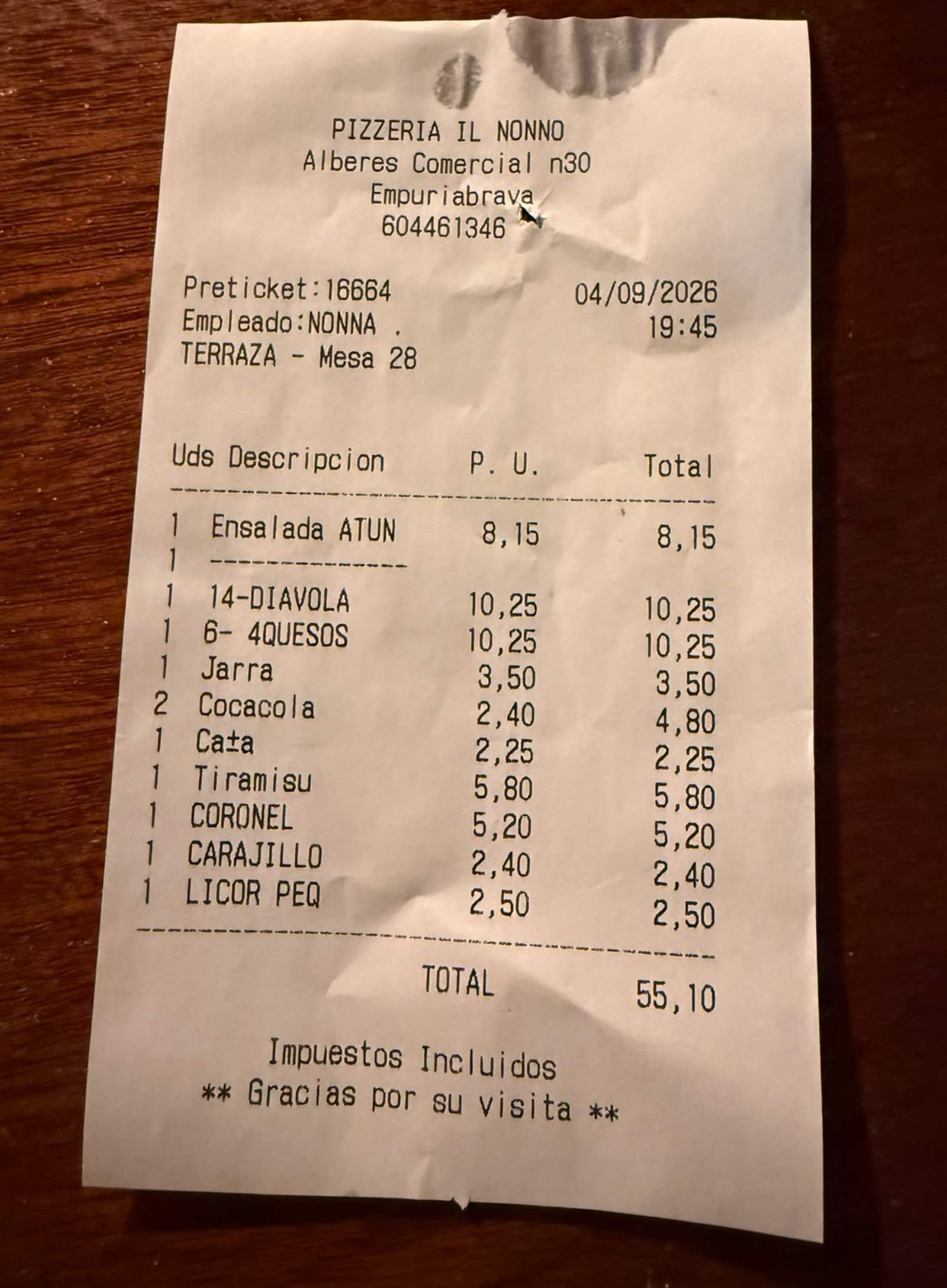 Tiquet de la pizzeria Il Nonno / Cedida Tiquet de la pizzeria Il Nonno / Cedida